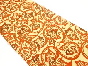 手織り紬型染唐草模様開き名古屋帯（額縁仕立て）